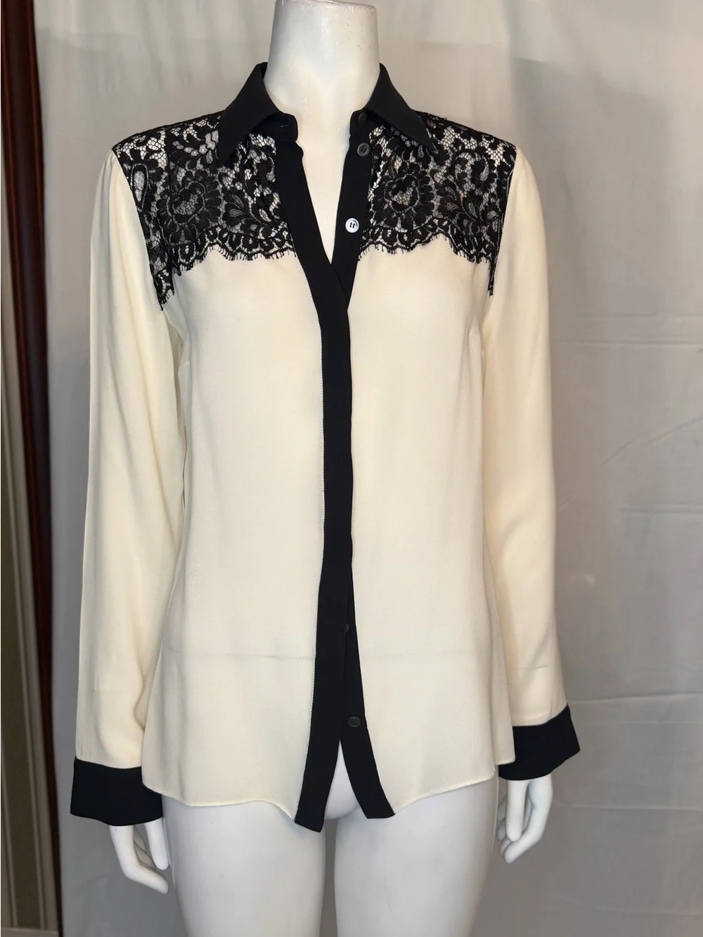 Michael Kors Cream Blouse with Black Lace Yoke